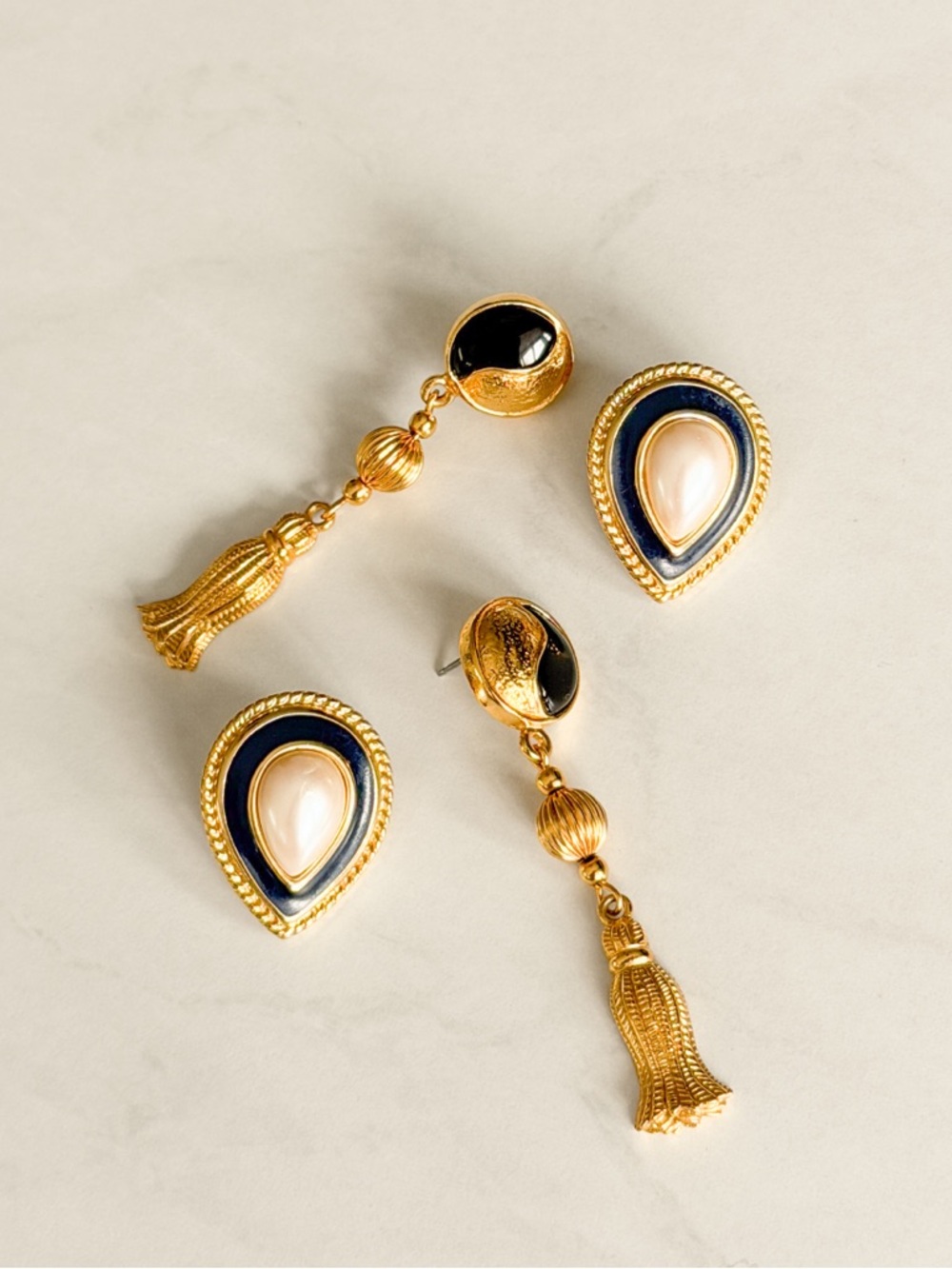Vintage Avon & Monet Earrings Lot Gold Dangle Tassel + Teardrop Navy Cream